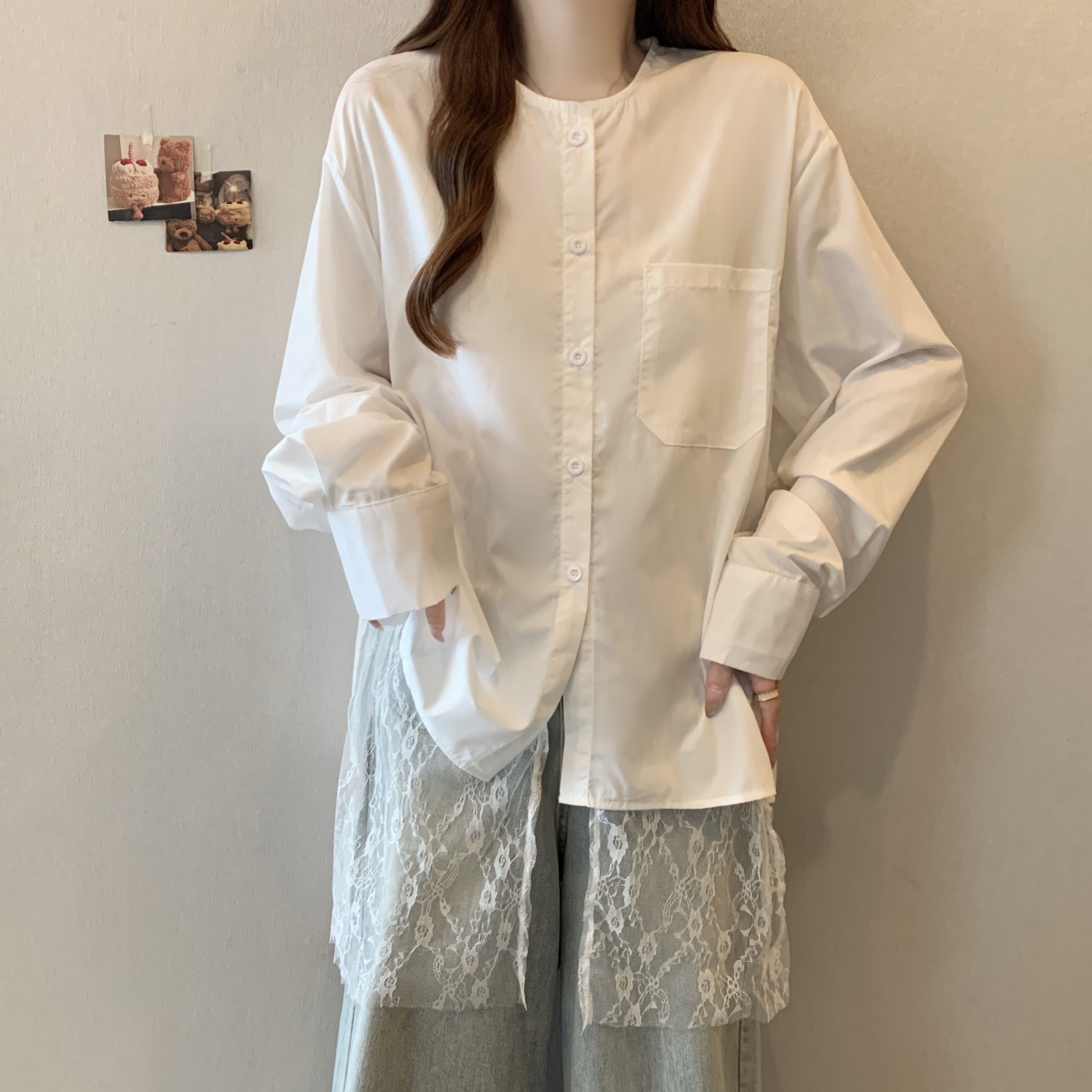 Real shot, large size Korean simple hem splicing lace fake two-piece shirt shirt