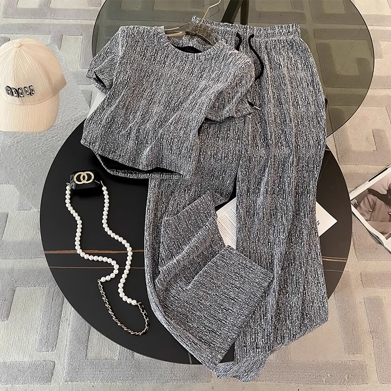 Fashionable temperament suit for women's summer lazy style gray short-sleeved wide-leg pants two-piece set