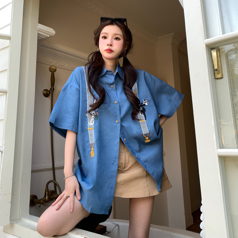 Cartoon embroidered retro children's fun shirt for men and women 2025 summer trend versatile couple niche design shirt