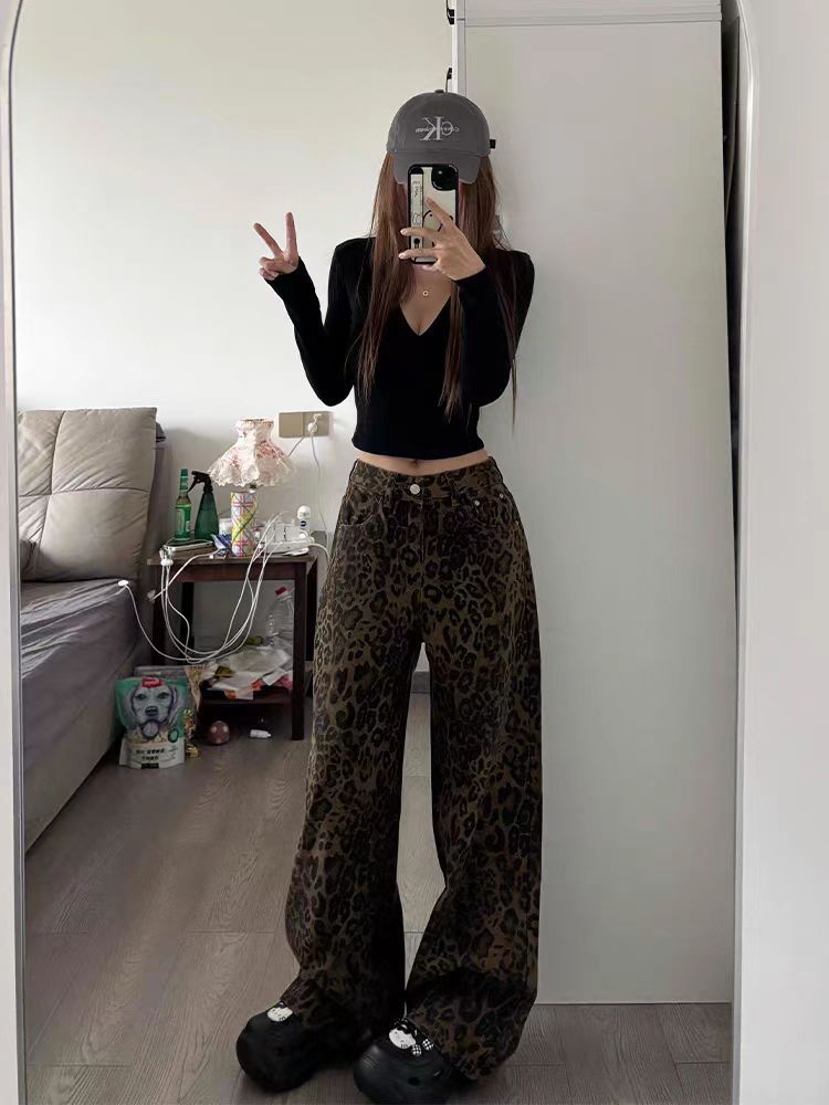 American retro drooping leopard print jeans trendy European and American hiphop loose wide-leg pants