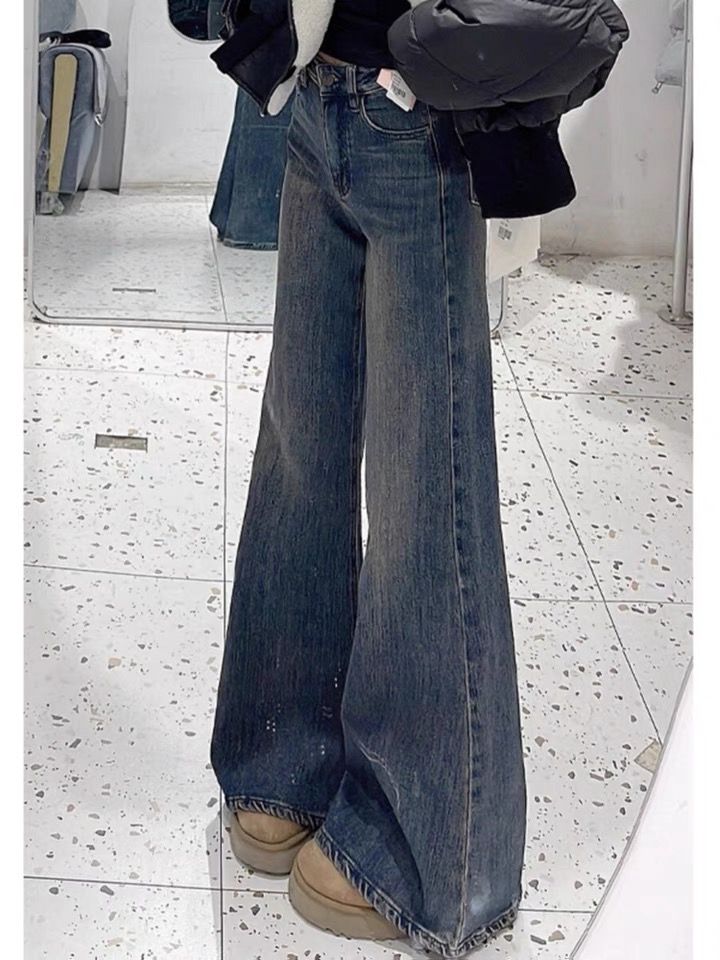 American retro loose wide-leg pants high-waisted jeans for women 2025 spring new micro-flare pants drooping floor pants
