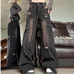 American retro old black jeans 2025 spring and autumn new niche pocket work design floor trousers