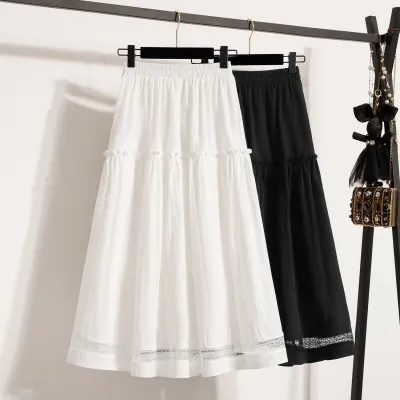 White lace splicing half-body women's 2025 spring and summer new Korean version large umbrella skirt to make you look slim mid-length A-line skirt