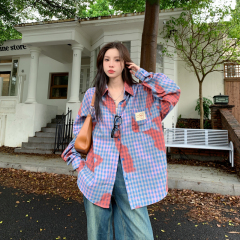 American retro purple tie-dye plaid shirt long sleeve loose design for men and women versatile couple cardigan jacket trendy