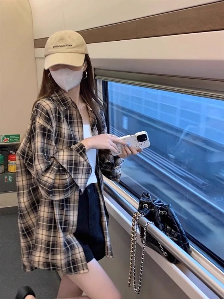 Official picture of cotton original French plaid shirt jacket for women in early autumn high-end sun protection long-sleeved top