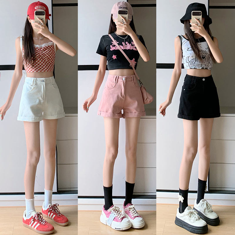 Sexy hot girl with high waist slim legs and long denim shorts 2025 spring and summer new style versatile A-line shorts
