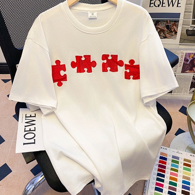 Real shot 220g pure cotton short-sleeved T-shirt 2025 summer embroidery medium length loose new style front shoulder round neck Korean women's clothing