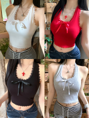 Real shot - hot girl lace spliced ​​bow halter vest for women in summer slim short style with chest pad top