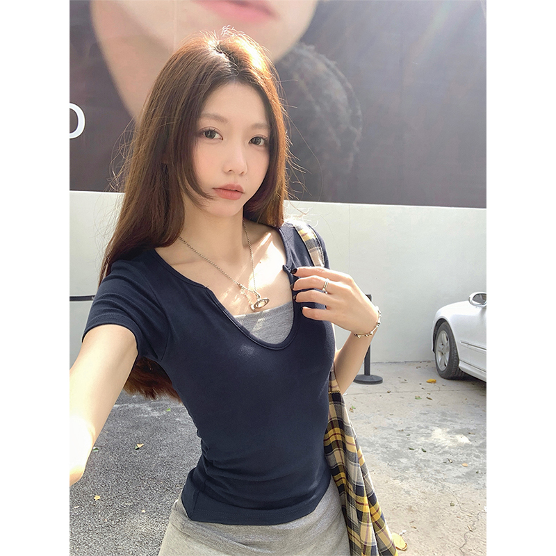 Real shot - New summer American retro fake two-piece short-sleeved T-shirt spliced ​​contrasting hot girl top