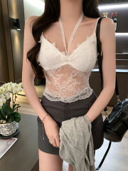 Real shot - Sexy halter neck lace suspender women with chest pad inner vest pure slim base top