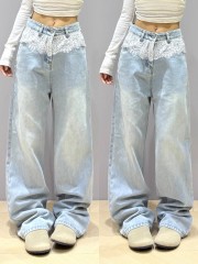 Fake two-piece spliced ​​lace wide-leg jeans for women in 2025 spring new loose slim slim straight floor pants
