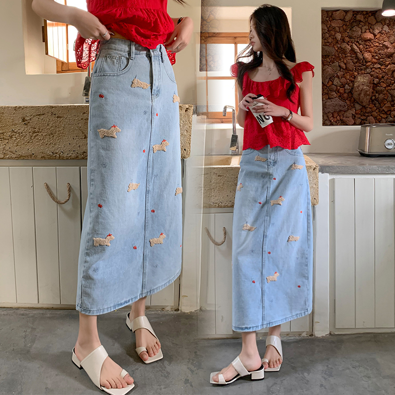 American dachshund dog embroidered high-waist denim skirt for women 2025 new mid-length slim hip slit skirt