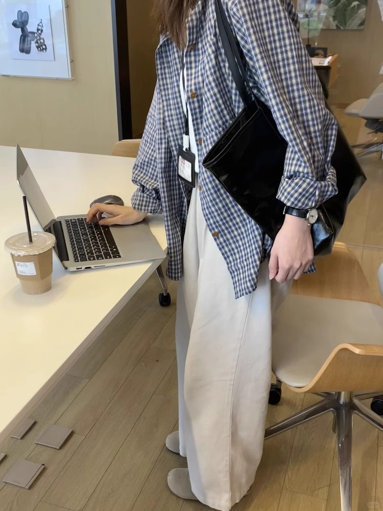Slack retro blue long-sleeved plaid shirt top for women's spring and autumn new loose inner chic shirt jacket