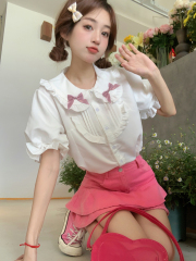 Cute bow white doll collar shirt for women 2025 new chic sweet puff sleeve top Lolita