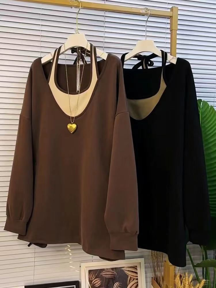Fat girl m300 catties extra large size women's new fake two-piece long-sleeved T-shirt covering flesh to make it look slimming bottom shirt top versatile trendy