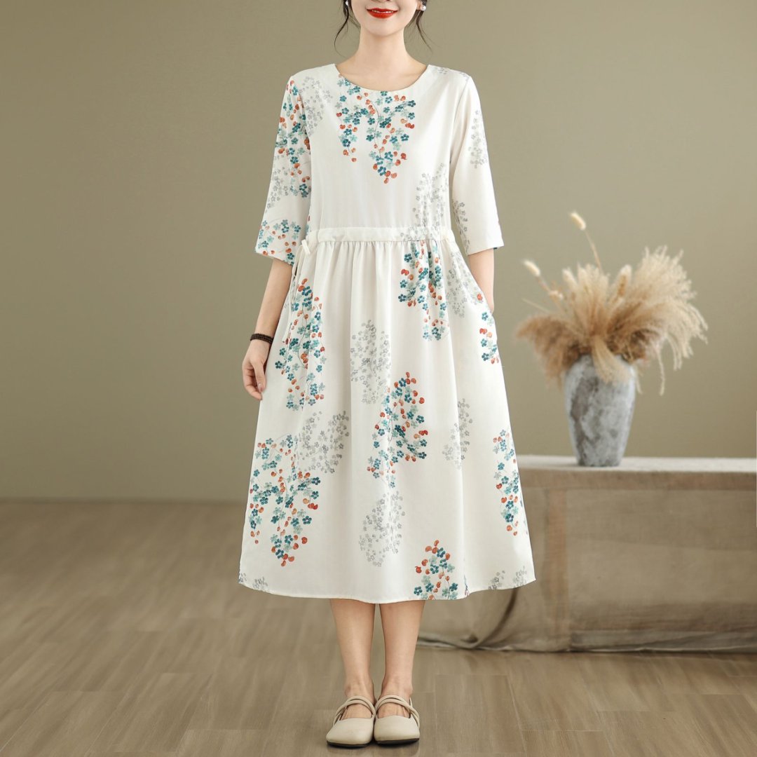 Real photo of the art retro printed dress in summer new style cherry blossom grass high-end round neck dress