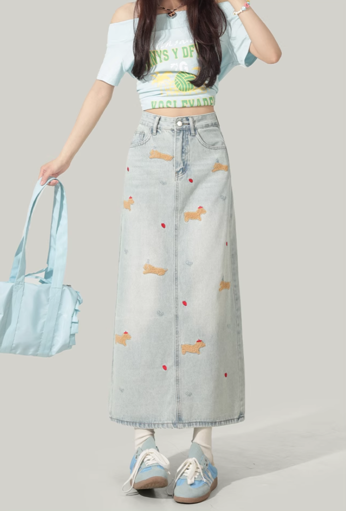 American dachshund dog embroidered high-waist denim skirt for women 2025 new mid-length slim hip slit skirt