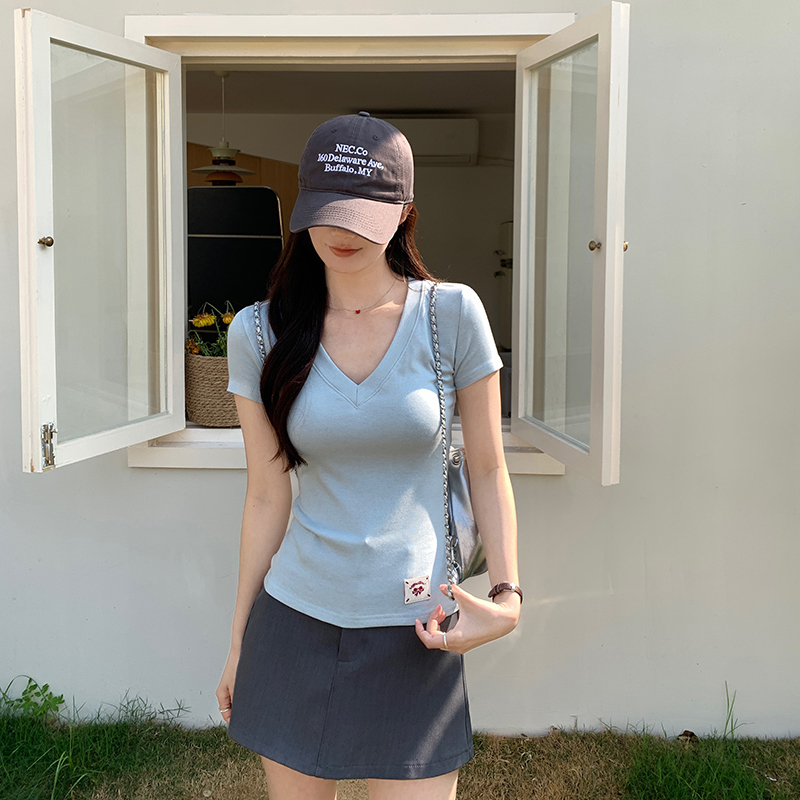 Real shot 220g pure cotton short-sleeved T-shirt summer 2025 new solid color trendy shoulder slim short V-neck top for women