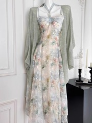 The secret realm of oil painting, retro oil painting, artistic print, neck halter dress, new spring style for women