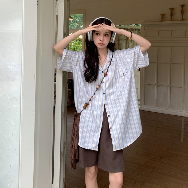 Japanese small fresh blue striped shirt summer women's Cuban collar short-sleeved shirt casual loose retro half-sleeved top