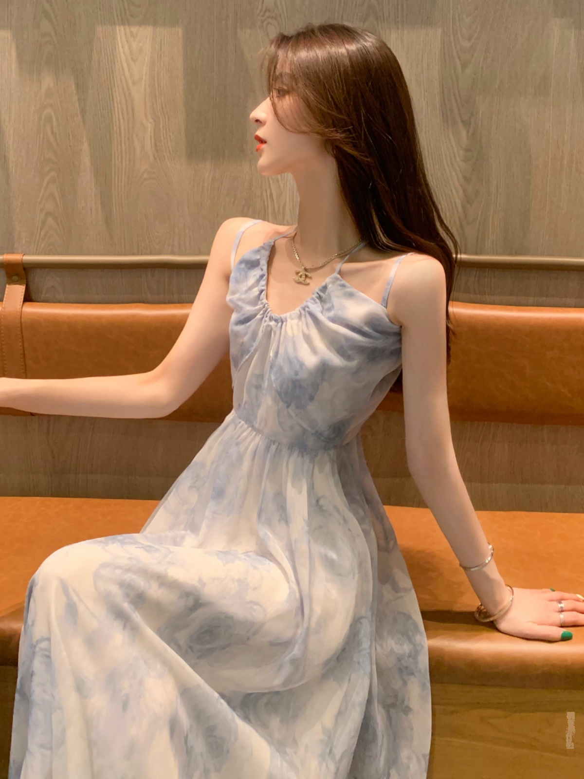 French floral neck halter dress for women on the beach vacation pure long skirt 2025 summer new women's skirt