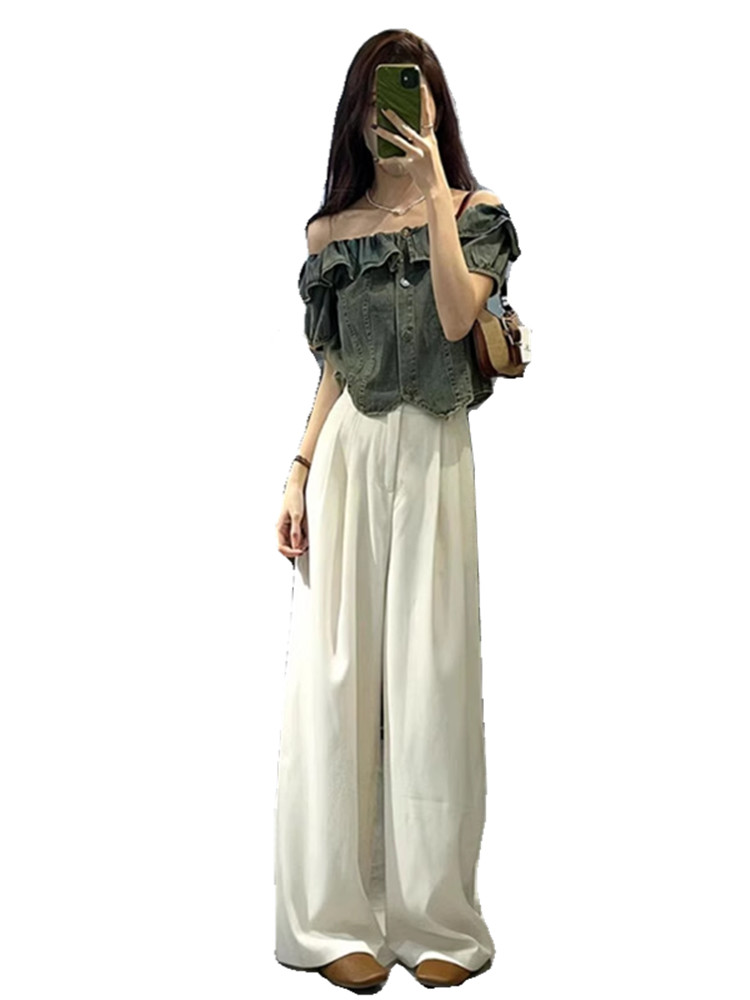 Current style of meat-covering high-end design and street-fried chic one-shoulder denim top