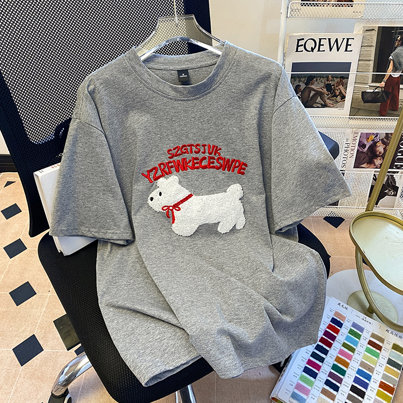 Real shot 220g pure cotton short-sleeved T-shirt summer 2025 new embroidered front shoulder slim short round neck top for women