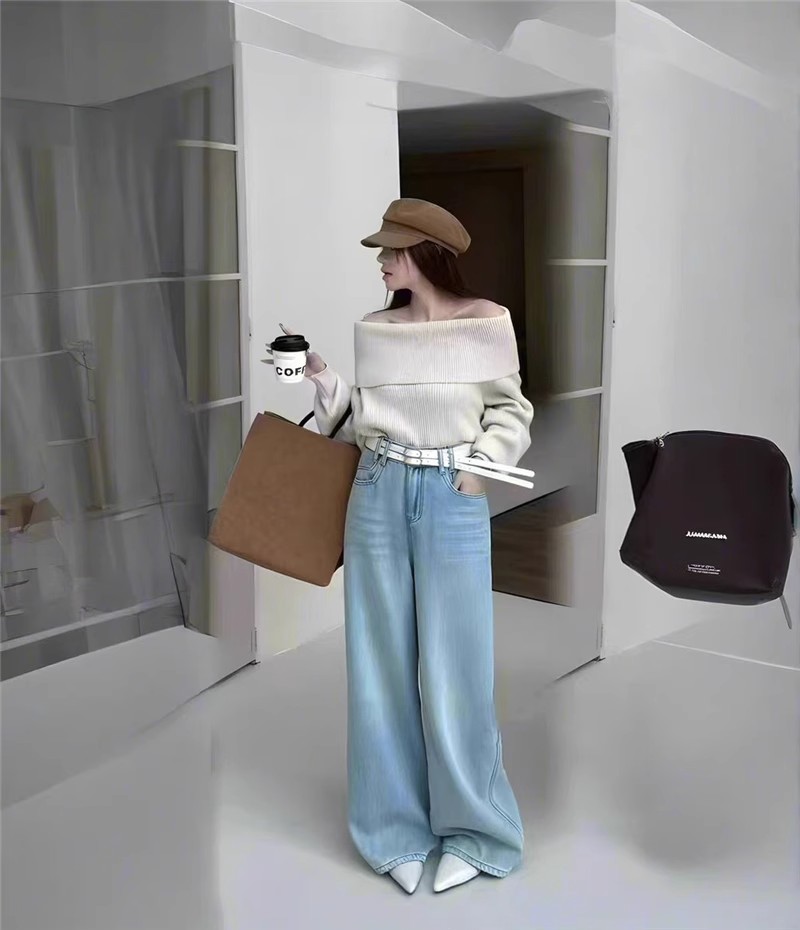 2025 spring new Korean version versatile retro wide-leg jeans for women with high waist loose nine-point straight pants