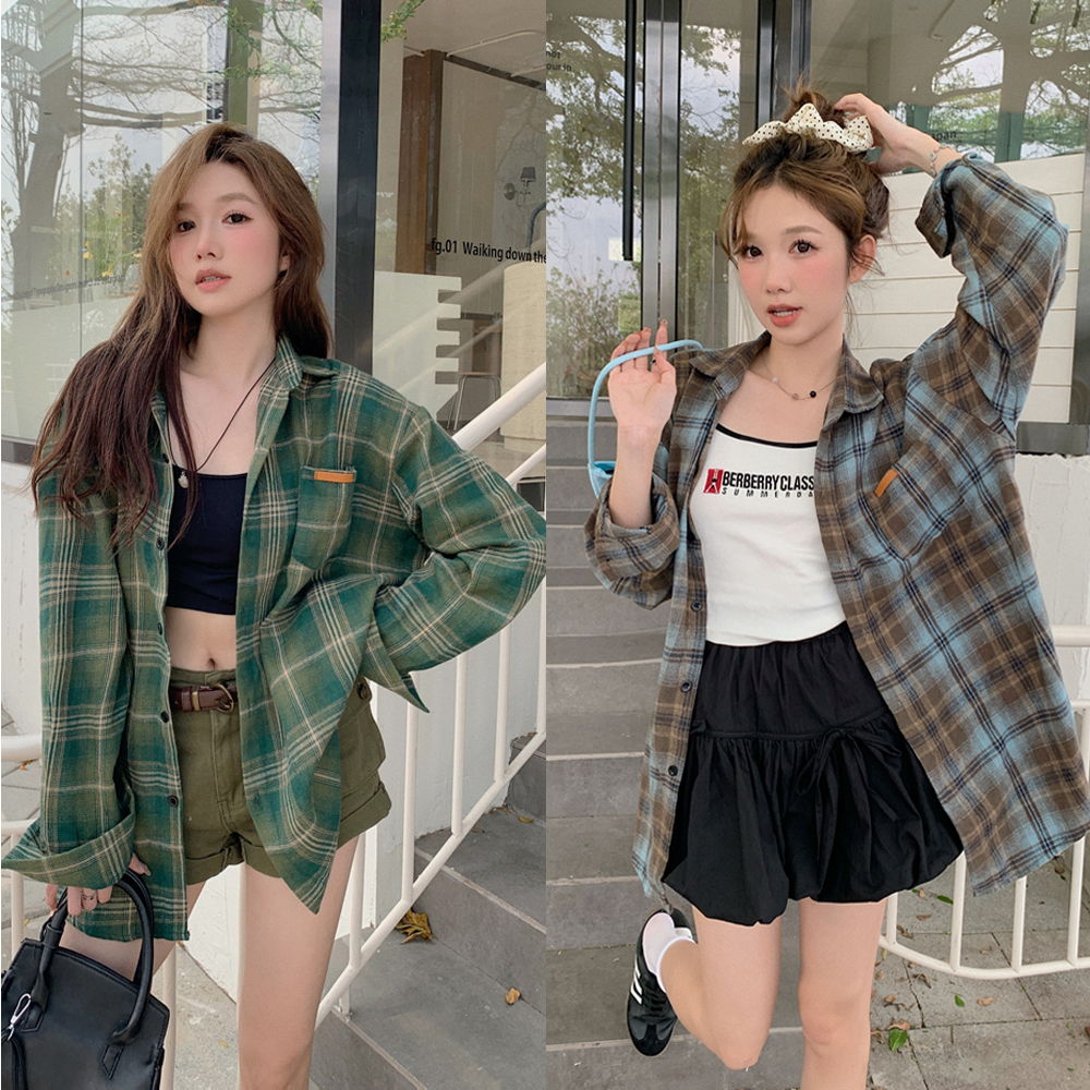 American retro four-season versatile casual long-sleeved shirt design niche color block plaid sunscreen shirt thin jacket