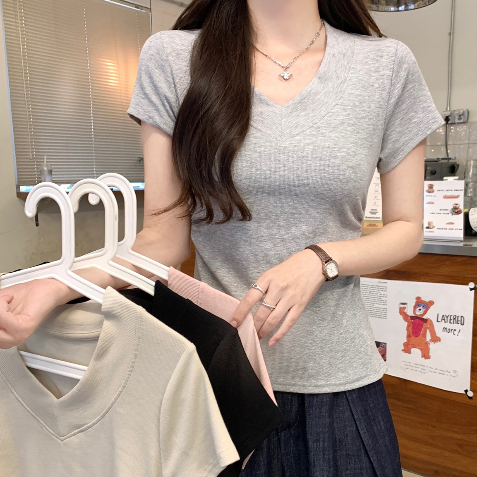 Real shot 260g thread short-sleeved T-shirt summer 2025 new trendy simple solid color short slim V-neck top for women