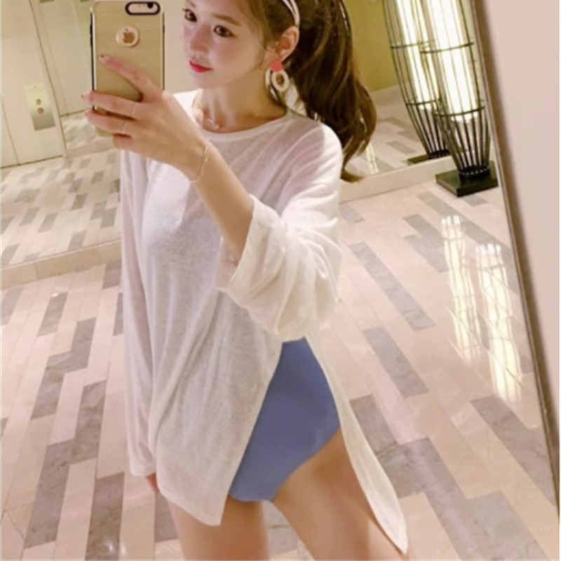 South Korea Dongdaemun Summer Ins Thin Perspective Long Sleeve T-shirt Sunscreen Shirt Women's Ice Silk Outdoor Holiday Loose Shirt