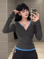 2025 new spliced ​​versatile long-sleeved T-shirt for women in autumn and winter new inner slim fit slim base shirt top