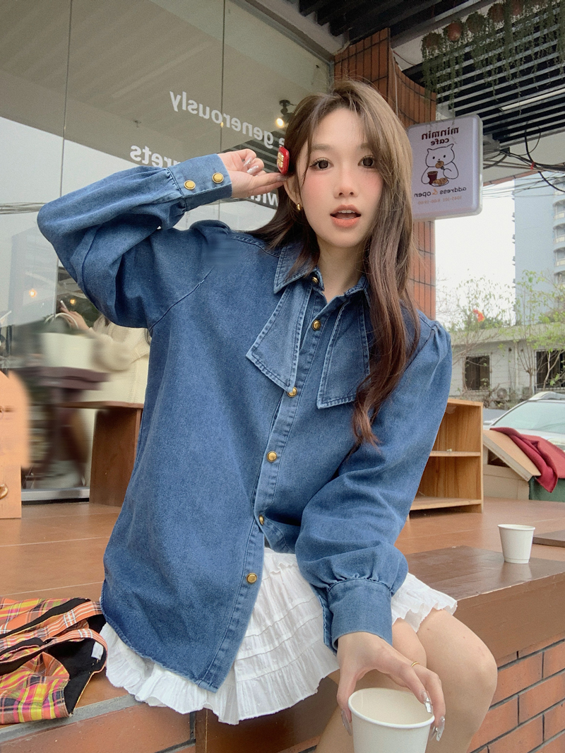French retro design bow denim shirt for women 2025 new niche long sleeve versatile temperament top