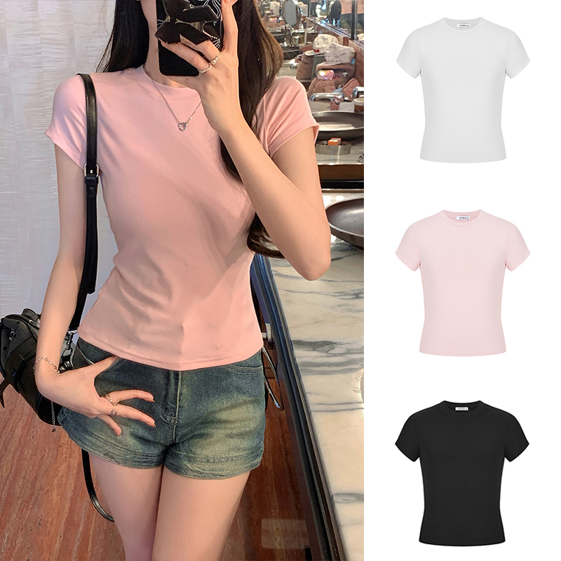 Real shot - Pure sexy hot girl round neck ribbed summer slim fit and slim shoulder short-sleeved T-shirt top