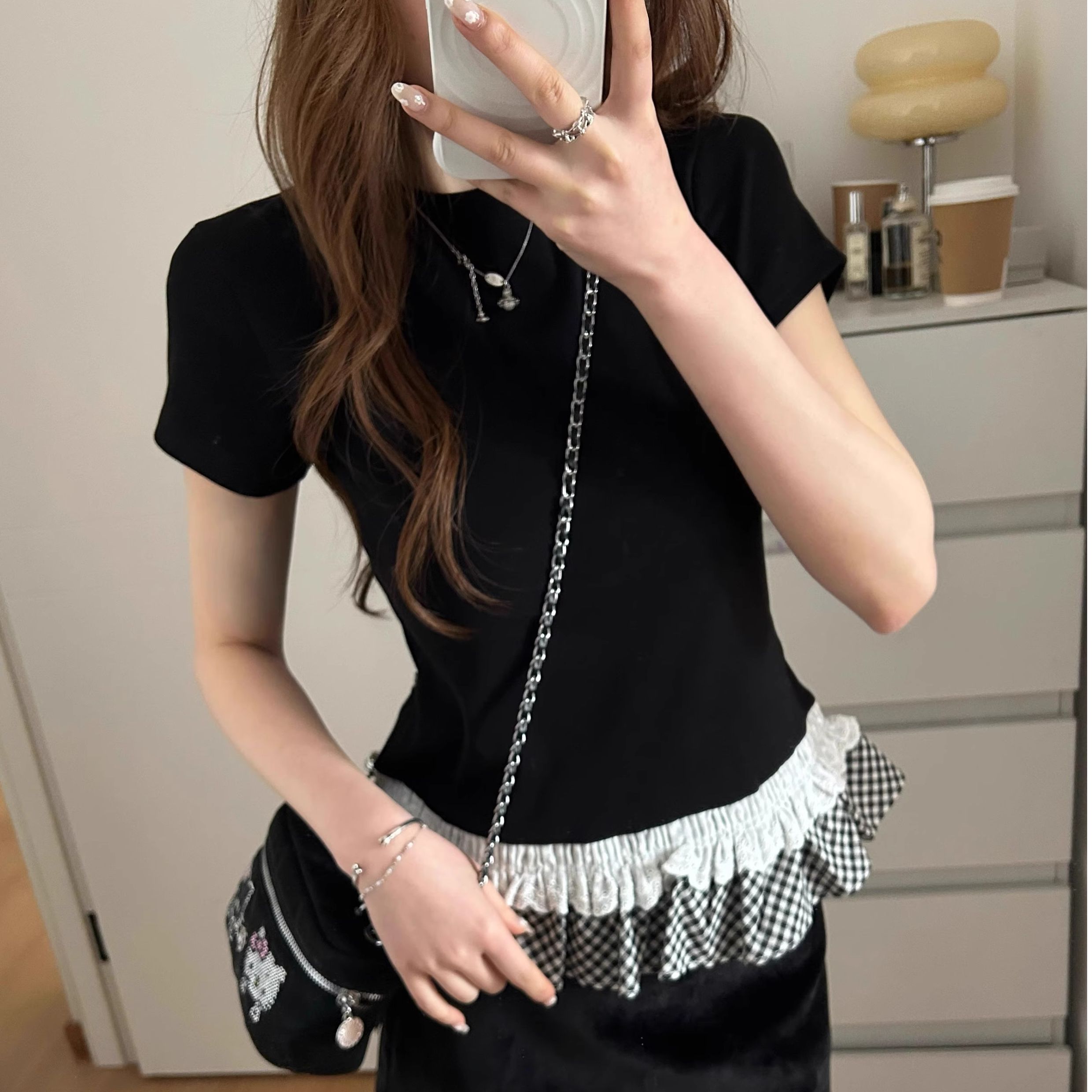 Original plaid black ruffled spliced ​​short-sleeved T-shirt summer layered round neck temperament base shirt top