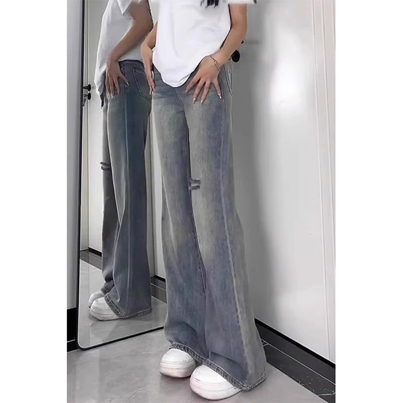 American retro old ripped jeans for women in spring new high waist wide-leg non-leg bell-bottom pants KX