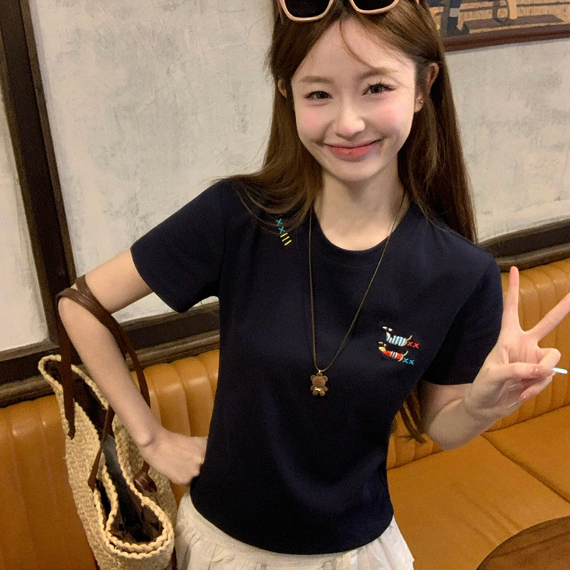 Real shot 1*1 threaded short-sleeved T-shirt for women's summer 2025 new embroidered short slim round neck top Korean women's clothing