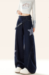 American retro star patch embroidered side zipper jeans for women's spring design loose wide-leg scimitar pants
