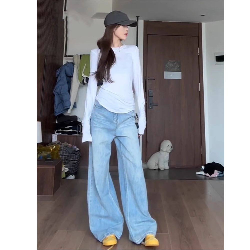 American retro light blue wide-leg jeans for women in spring and autumn 2025 new loose draped straight-leg floor trousers