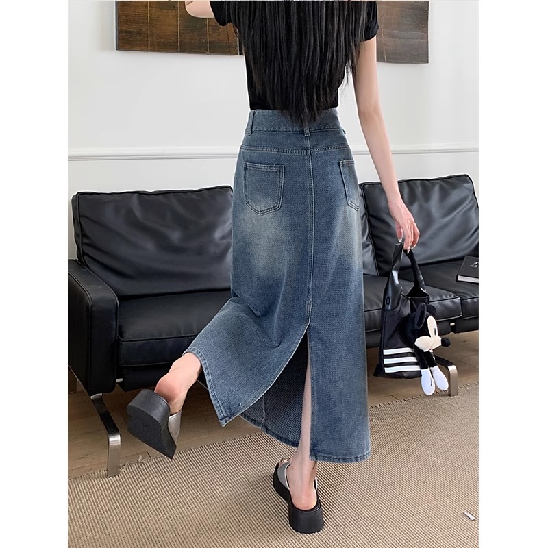 Retro denim skirt for women in summer new high waist rear slit medium-length large size slim A-line skirt KX