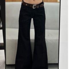 American retro black low waist casual wide-leg jeans for women in spring and autumn high-end slimming drooping loose floor pants