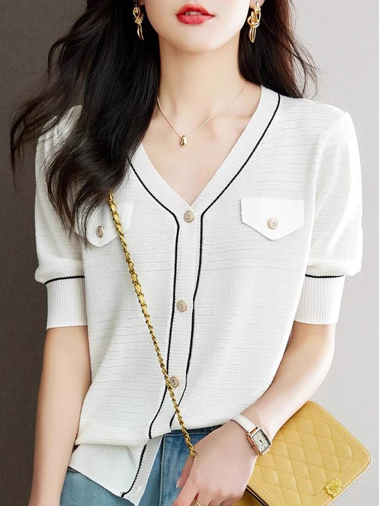 Short-sleeved knitted cardigan for women's thin jacket suspender skirt with blouse summer shawl small fragrance style top short