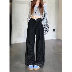 Large size American retro wide-leg jeans for women in spring and autumn high-waist design straight-leg pants loose floor pants