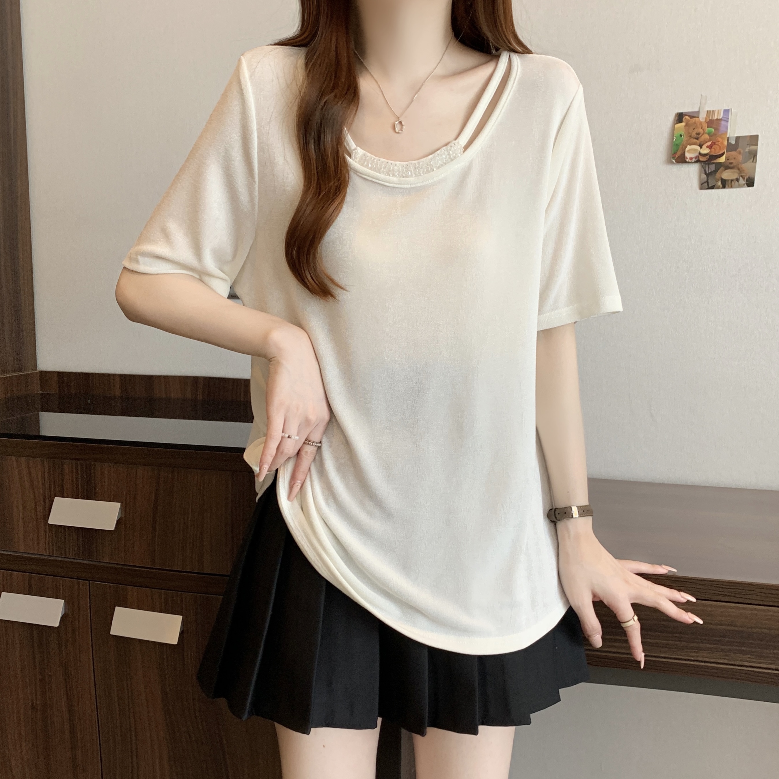 Real shot of large size fat MM fashionable simple design lazy style round neck pullover T-shirt top
