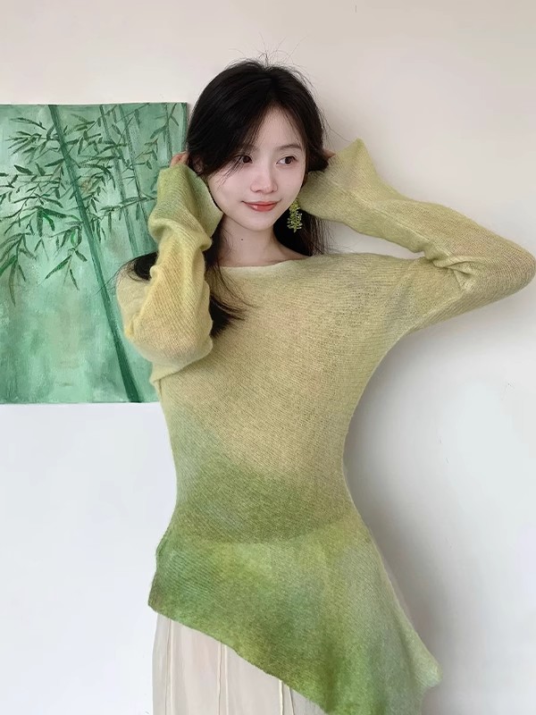 French irregular gradient long-sleeved sweater top for women in spring and summer thin style, slim and versatile sunscreen blouse