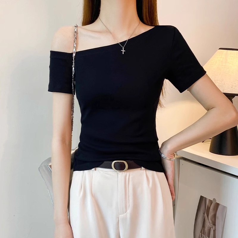 Official photo 210g 1*1 pure cotton thread slanted shoulder T-shirt for women short-sleeved summer one-length neck hot girl shoulder top