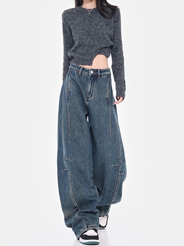American retro splicing design sense scimitar jeans for women 2025 spring and autumn new loose wide-leg pants sickle pants