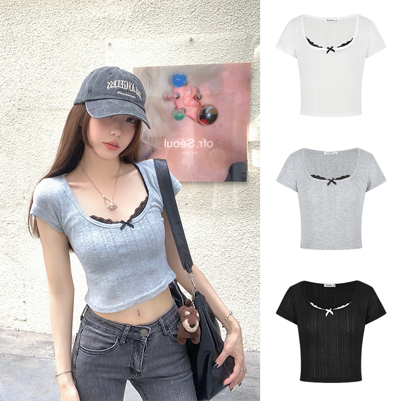 Real shot - Fake 2 piece spliced ​​lace short-sleeved T-shirt for women in summer design short sweet and spicy top