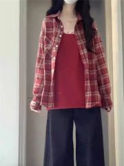 Hong Kong style retro red plaid long-sleeved shirt summer thin loose design lazy style sunscreen cardigan jacket