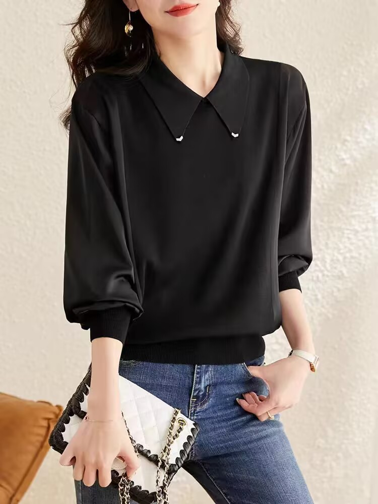 Chiffon spliced ​​polo collar base shirt for women in autumn 2025 new long-sleeved knitted high-end small shirt trendy